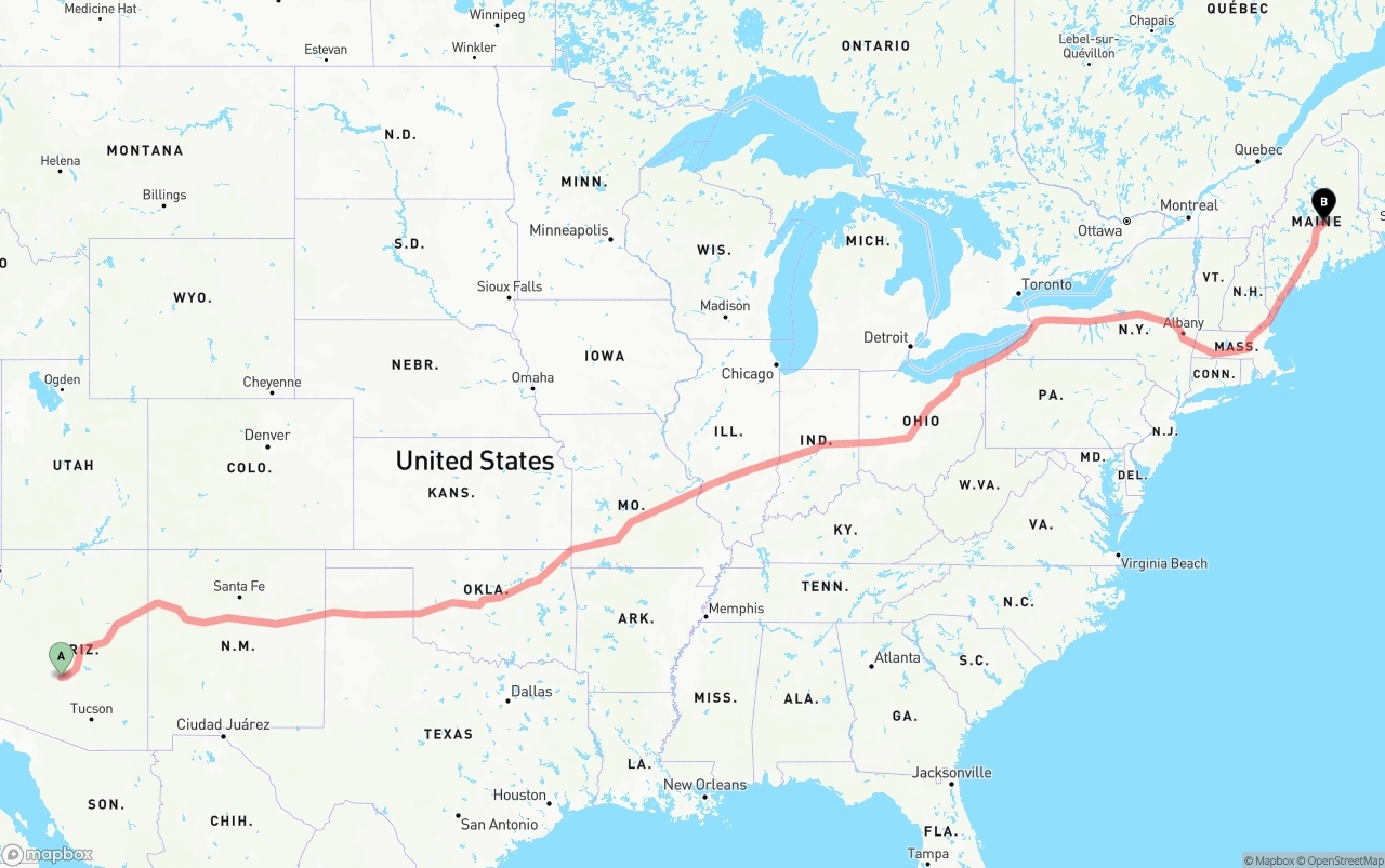Shipping route from Phoenix Sky Harbor International Airport to Maine