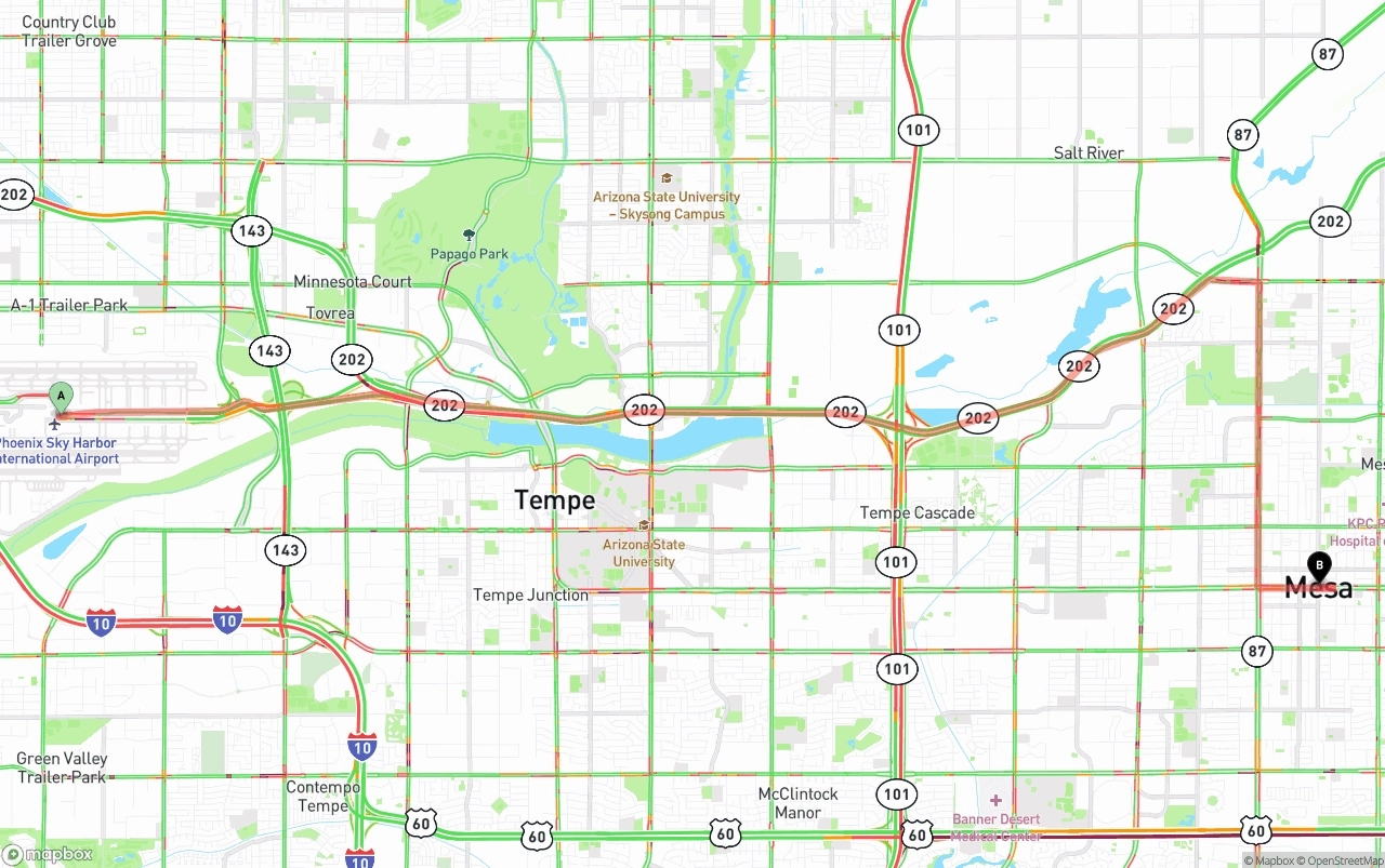 Shipping route from Phoenix Sky Harbor International Airport to Mesa
