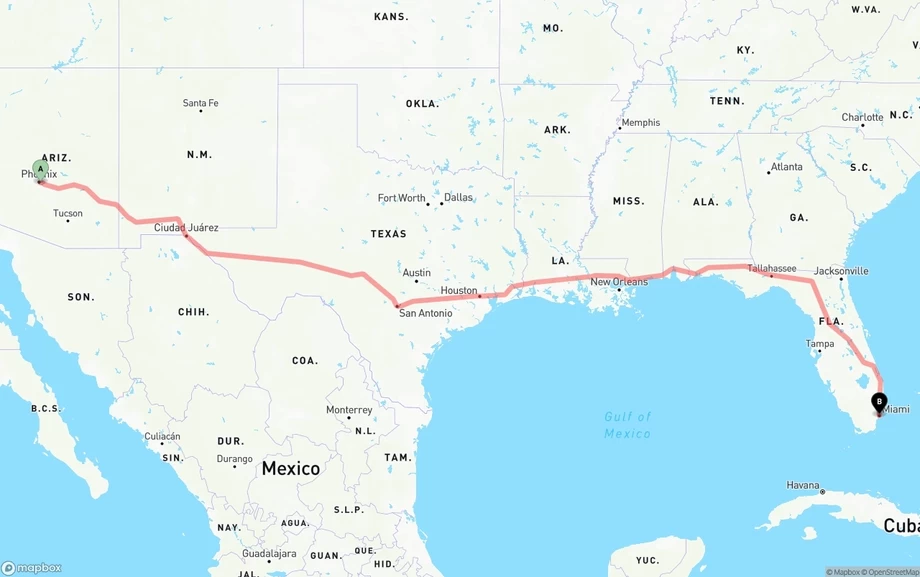 Phoenix Sky Harbor International Airport to Miami freight shipping route map