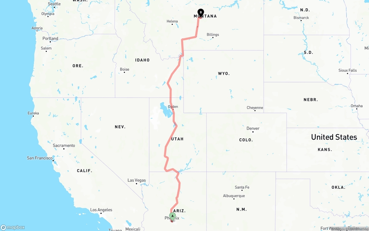 Shipping route from Phoenix Sky Harbor International Airport to Montana