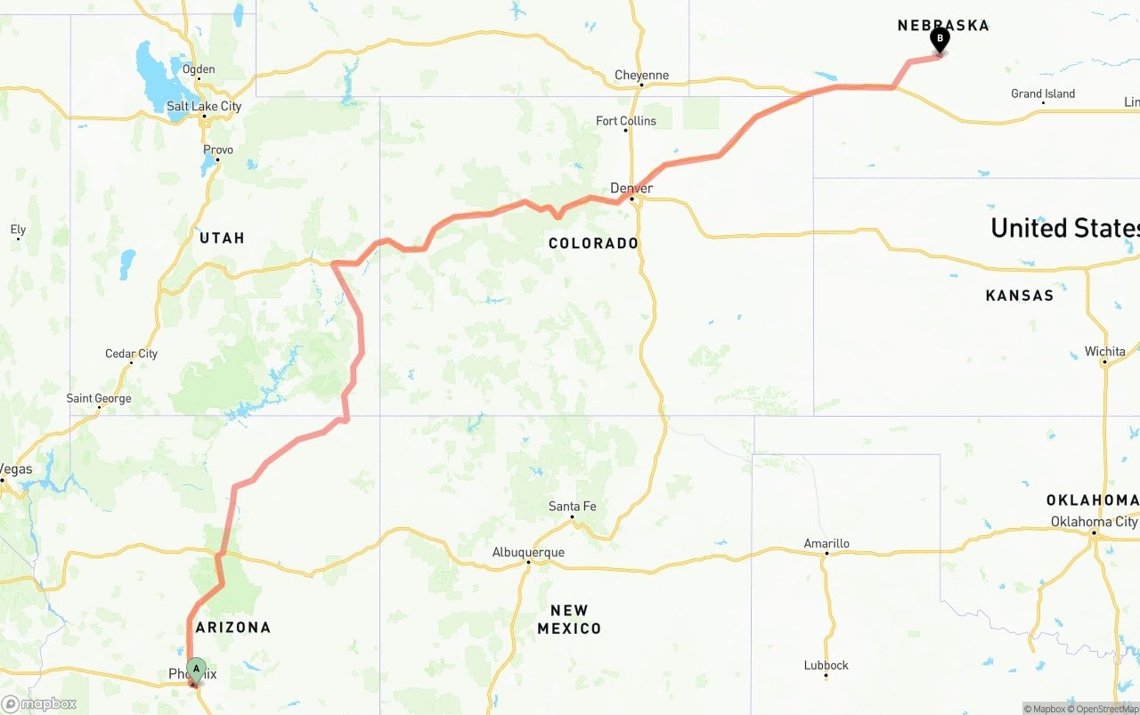 Shipping route from Phoenix Sky Harbor International Airport to Nebraska