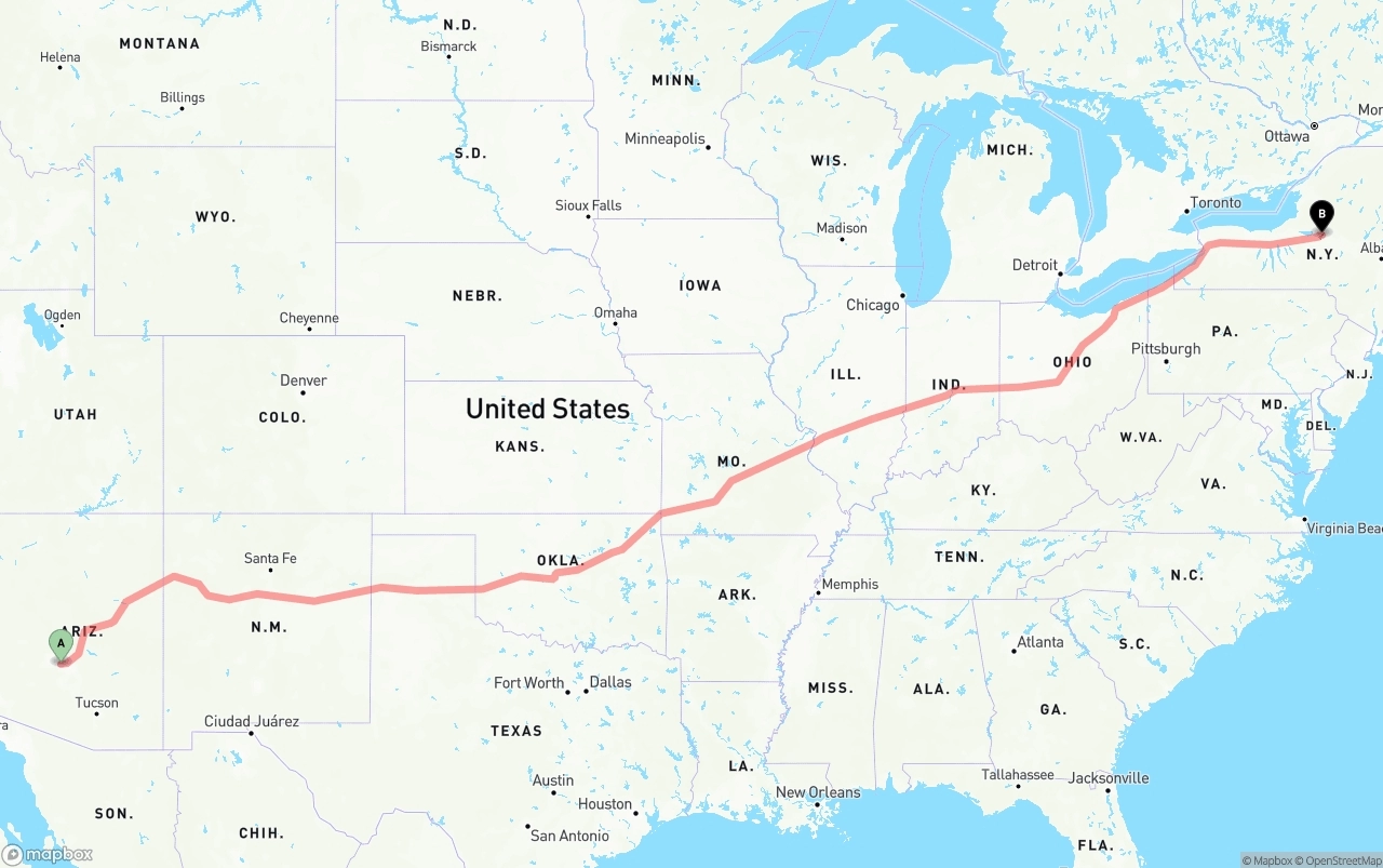 Shipping route from Phoenix Sky Harbor International Airport to New York