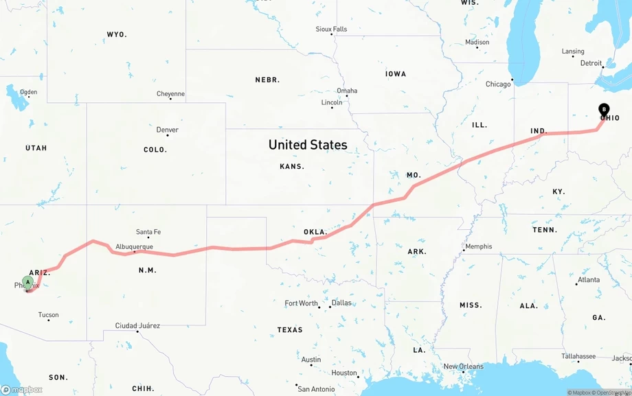 Phoenix Sky Harbor International Airport to Ohio freight shipping route map