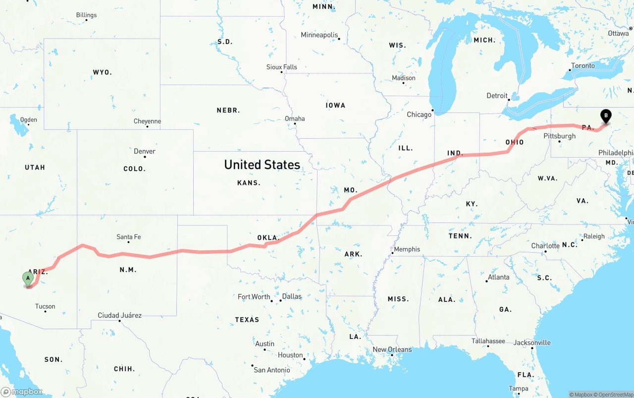Shipping route from Phoenix Sky Harbor International Airport to Pennsylvania