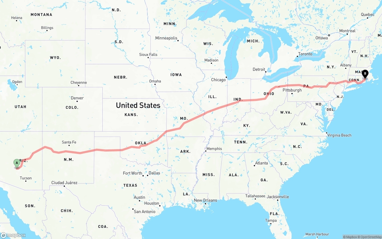 Shipping route from Phoenix Sky Harbor International Airport to Rhode Island