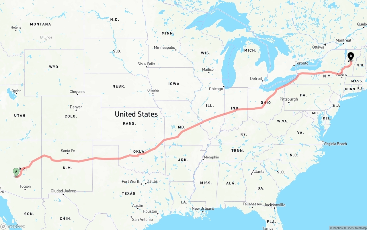 Shipping route from Phoenix Sky Harbor International Airport to Vermont