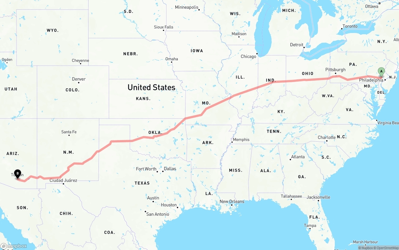 Shipping route from Phoenix to Tucson International Airport