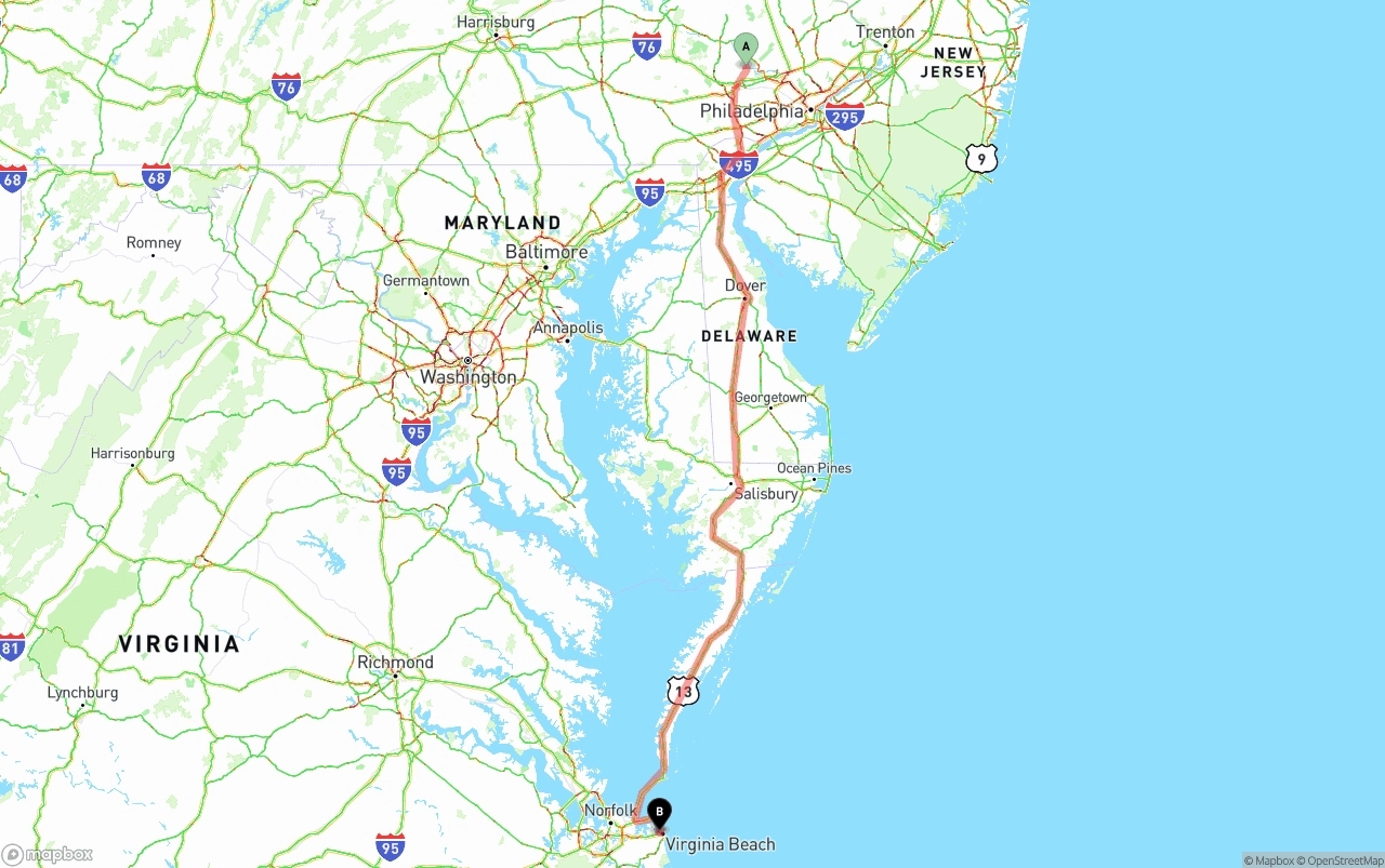 Shipping route from Phoenix to Virginia Beach