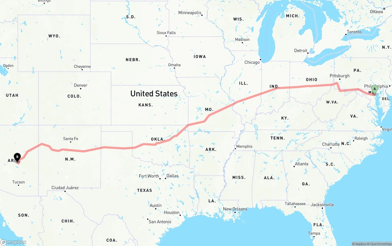 Shipping route from Port of Baltimore to Arizona