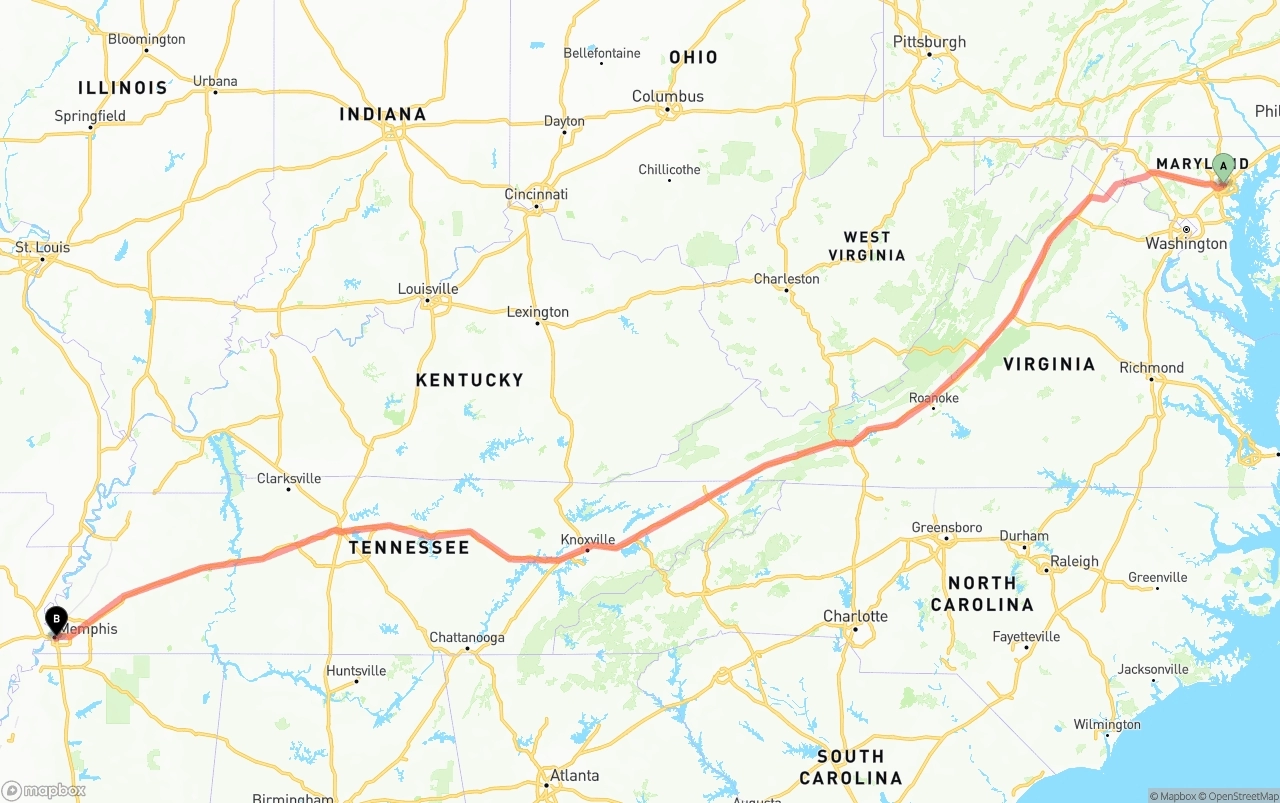 Shipping route from Port of Baltimore to Memphis