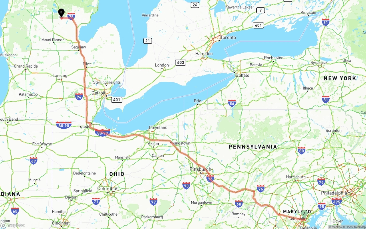 Shipping route from Port of Baltimore to Michigan