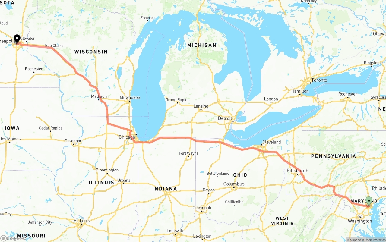 Shipping route from Port of Baltimore to Minneapolis