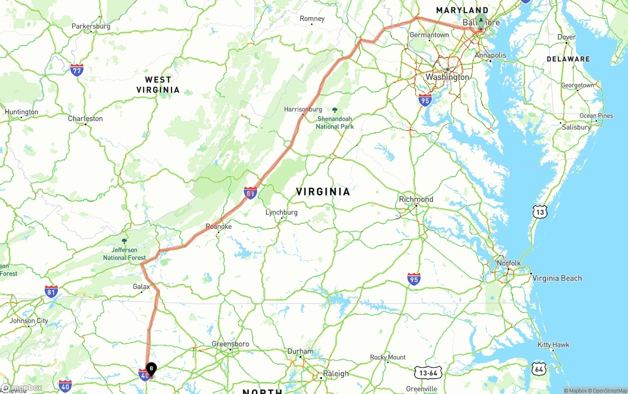 Shipping route from Port of Baltimore to North Carolina