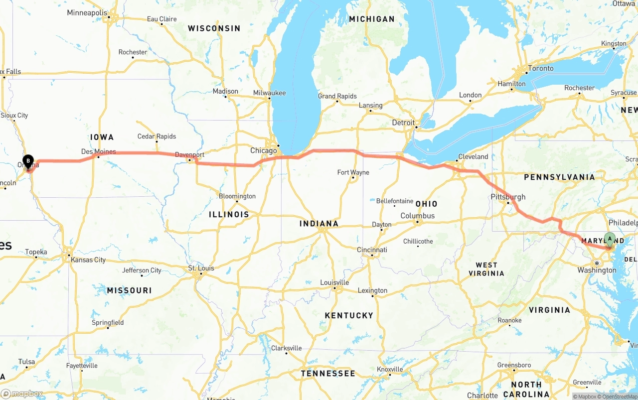Shipping route from Port of Baltimore to Omaha