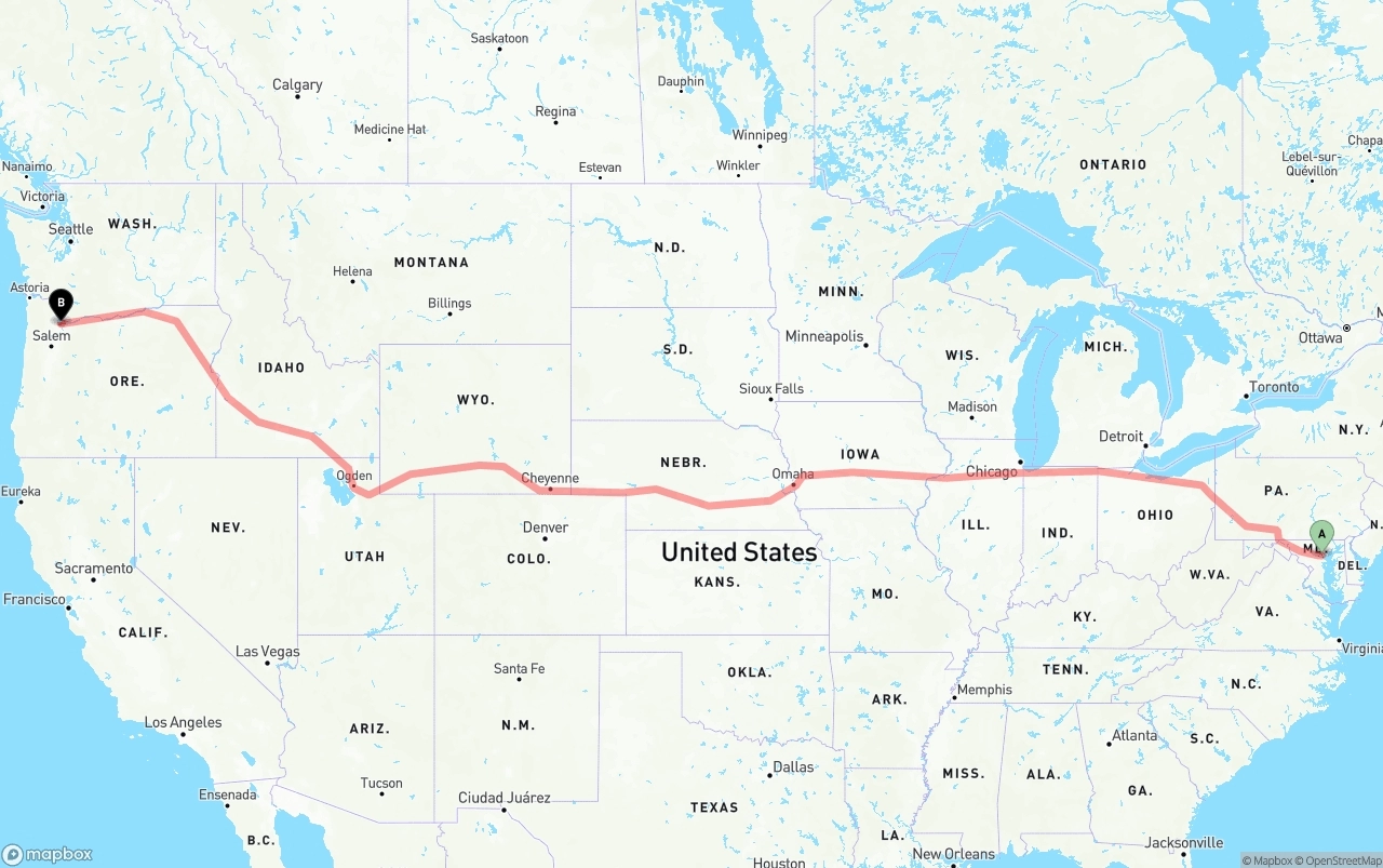 Shipping route from Port of Baltimore to Portland