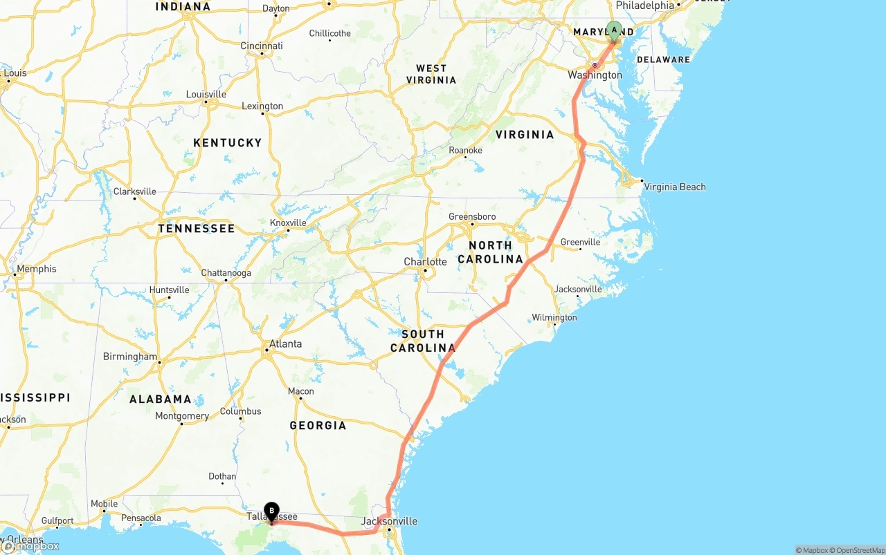 Shipping route from Port of Baltimore to Tallahassee
