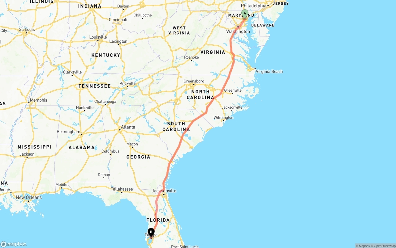 Shipping route from Port of Baltimore to Tampa