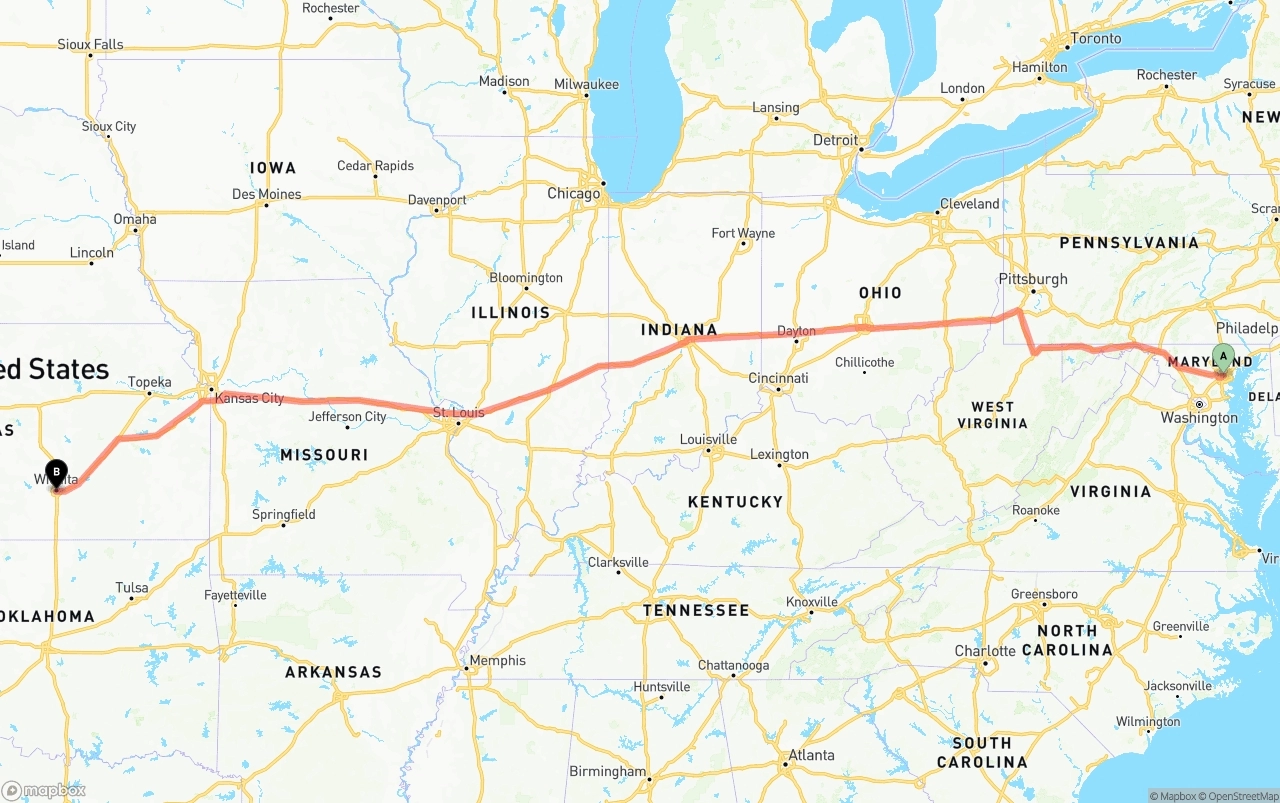 Shipping route from Port of Baltimore to Wichita