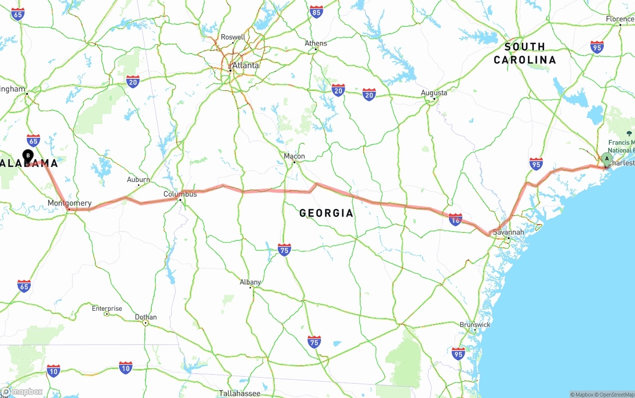 Shipping route from Port of Charleston to Alabama