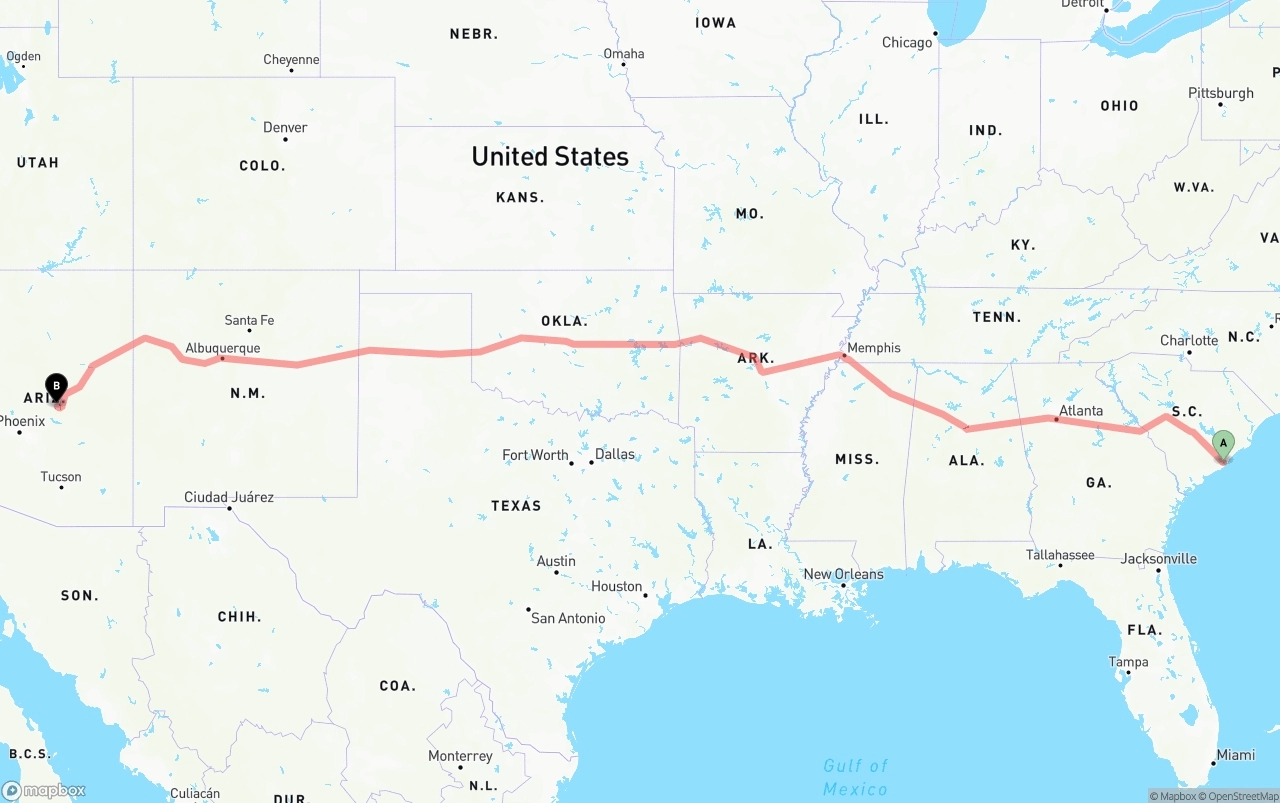 Shipping route from Port of Charleston to Arizona