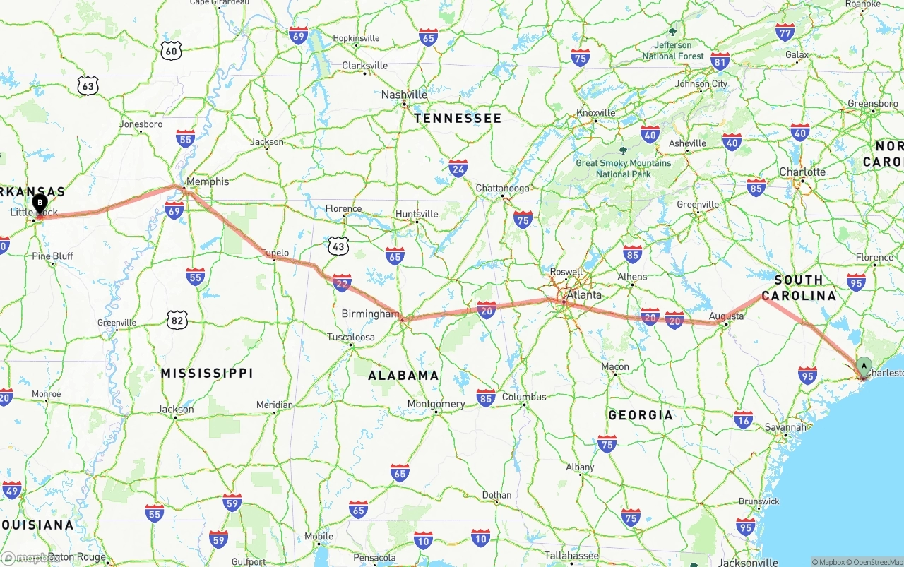 Shipping route from Port of Charleston to Arkansas