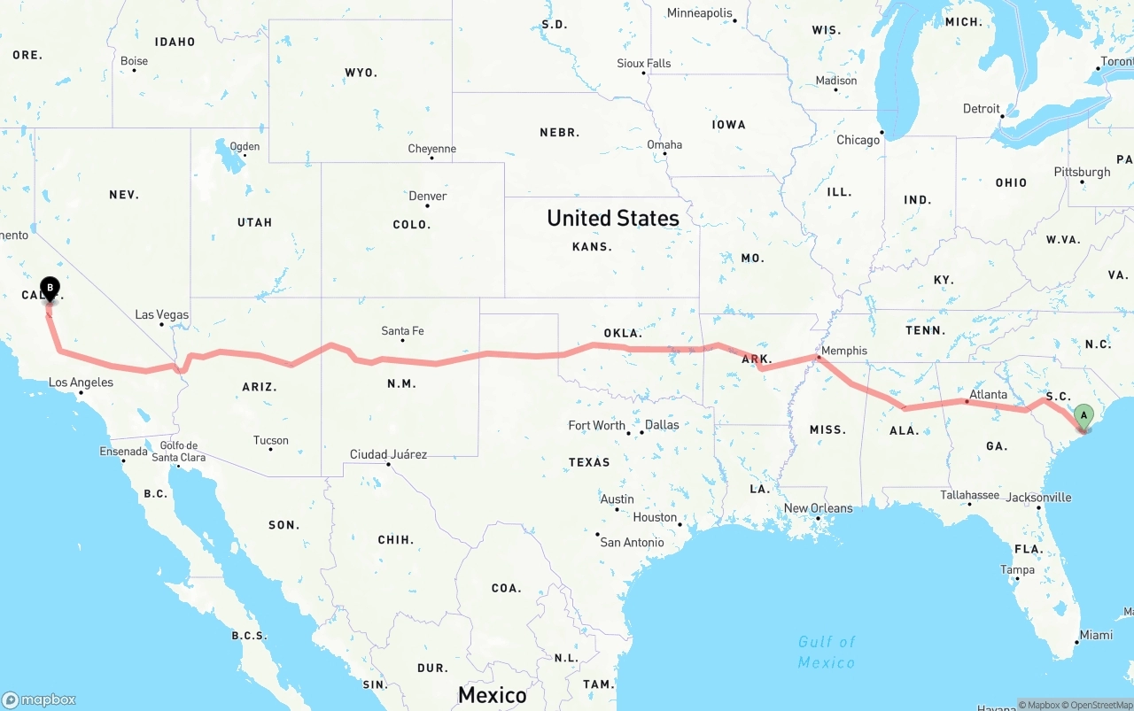 Shipping route from Port of Charleston to California