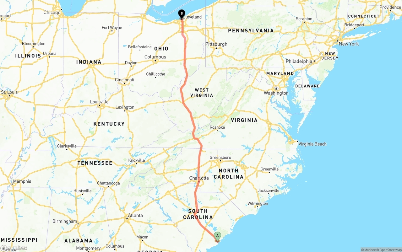 Shipping route from Port of Charleston to Cleveland