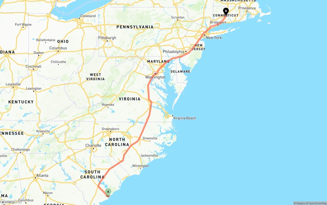 Shipping route from Port of Charleston to Connecticut