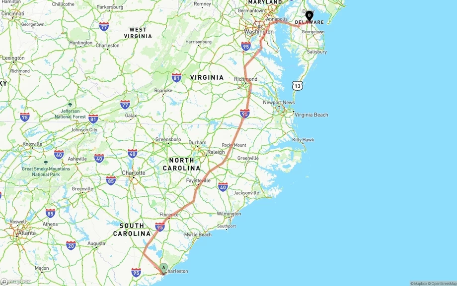Port of Charleston to Delaware freight shipping route map
