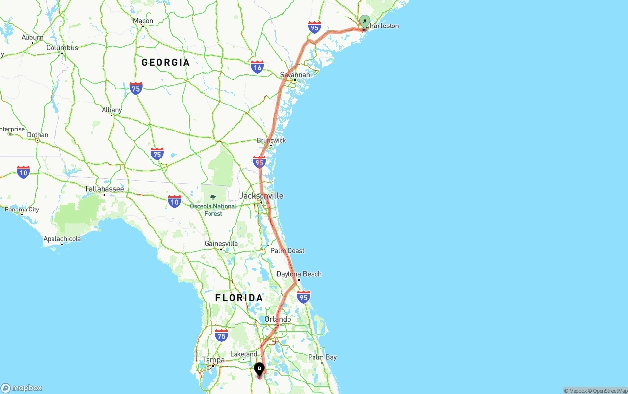 Shipping route from Port of Charleston to Florida