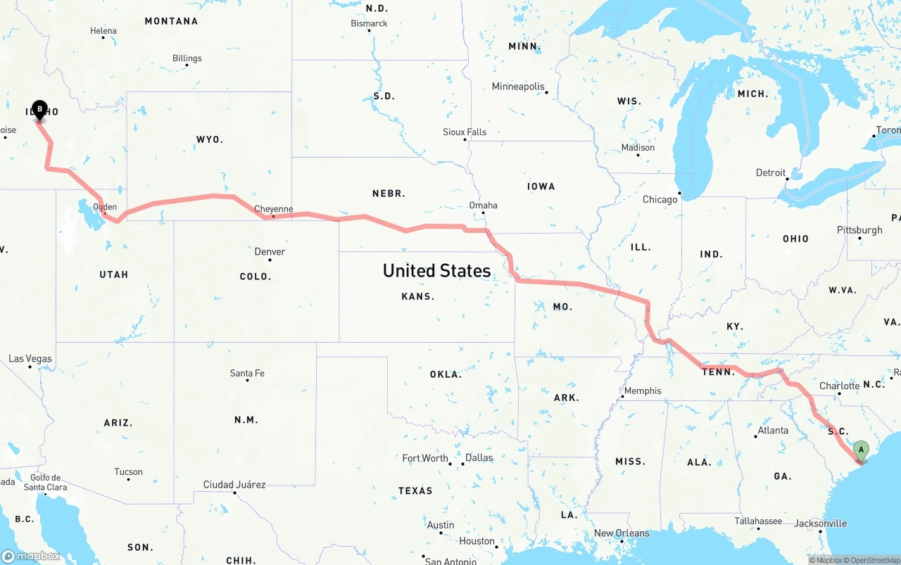 Shipping route from Port of Charleston to Idaho