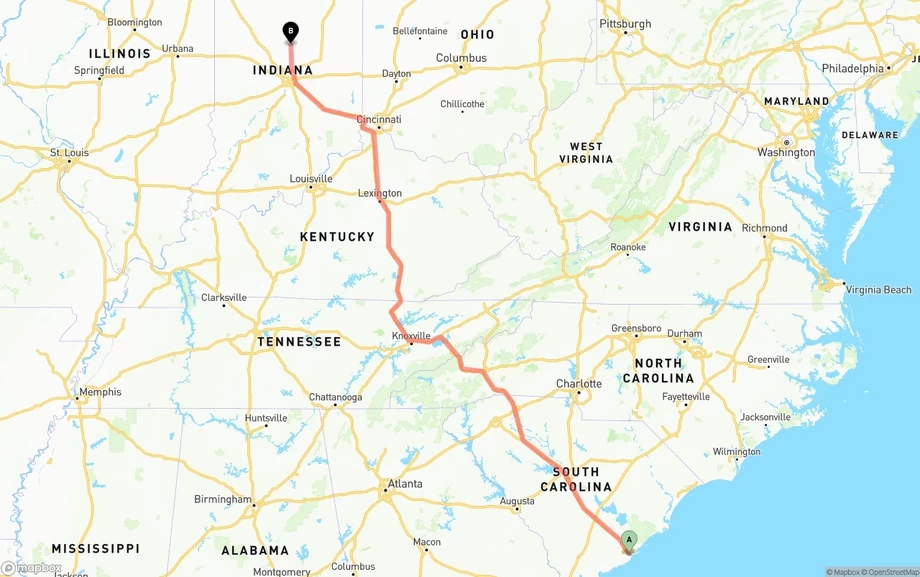 Port of Charleston to Indiana freight shipping route map