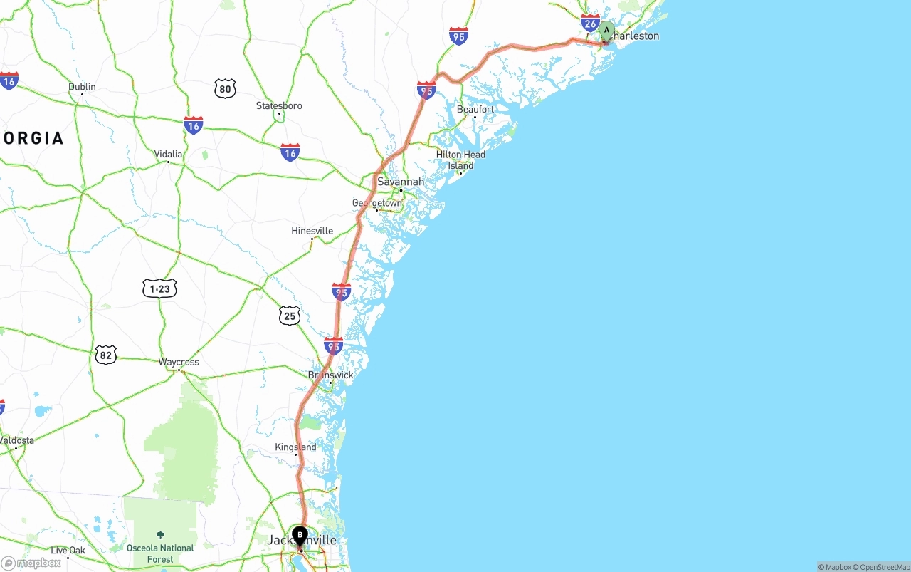Shipping route from Port of Charleston to Jacksonville
