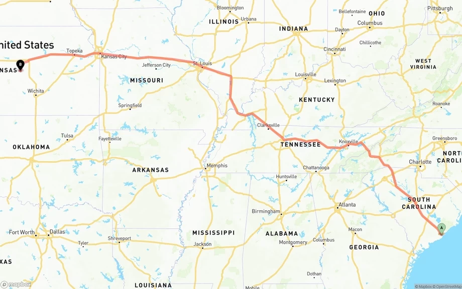Port of Charleston to Kansas freight shipping route map