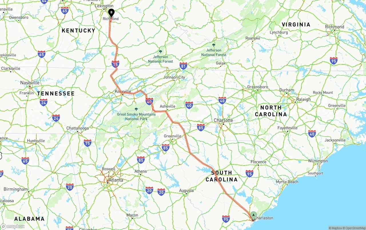 Shipping route from Port of Charleston to Kentucky