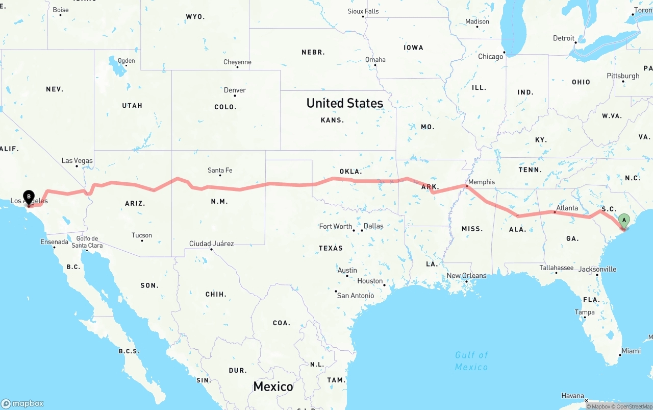 Shipping route from Port of Charleston to Los Angeles