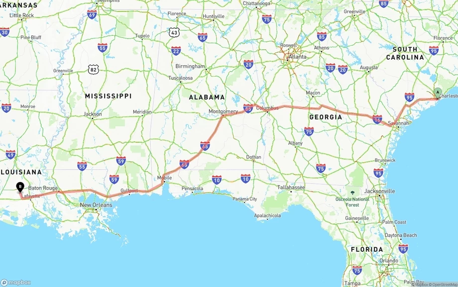 Port of Charleston to Louisiana freight shipping route map