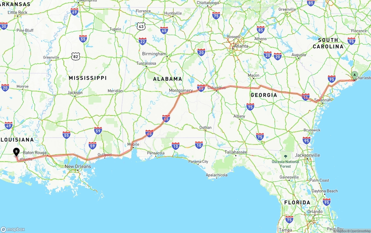 Shipping route from Port of Charleston to Louisiana