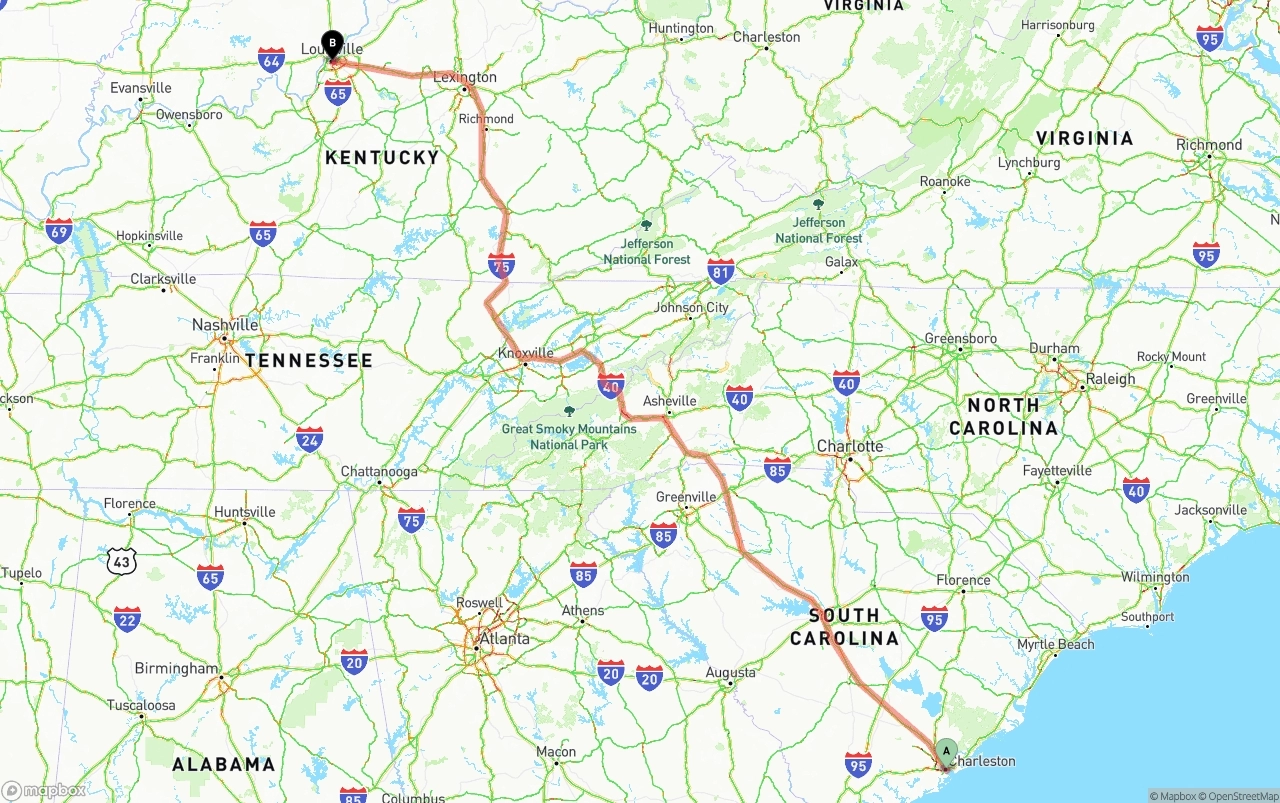 Shipping route from Port of Charleston to Louisville