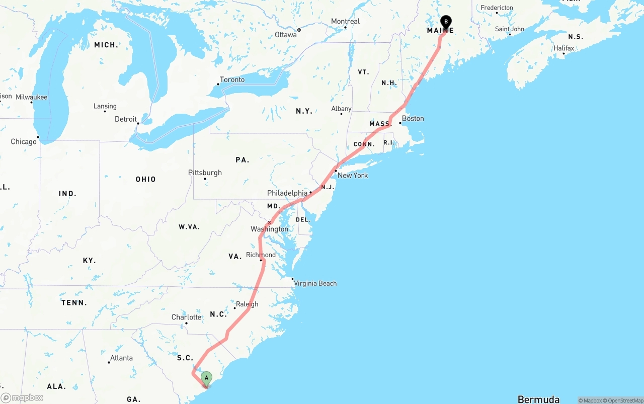 Shipping route from Port of Charleston to Maine