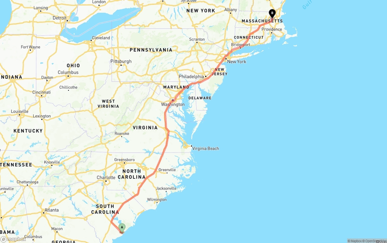 Shipping route from Port of Charleston to Massachusetts