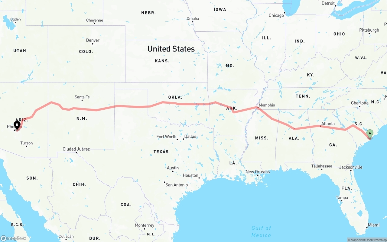 Shipping route from Port of Charleston to Mesa