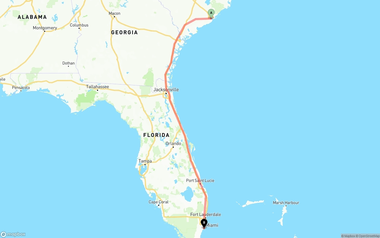 Shipping route from Port of Charleston to Miami