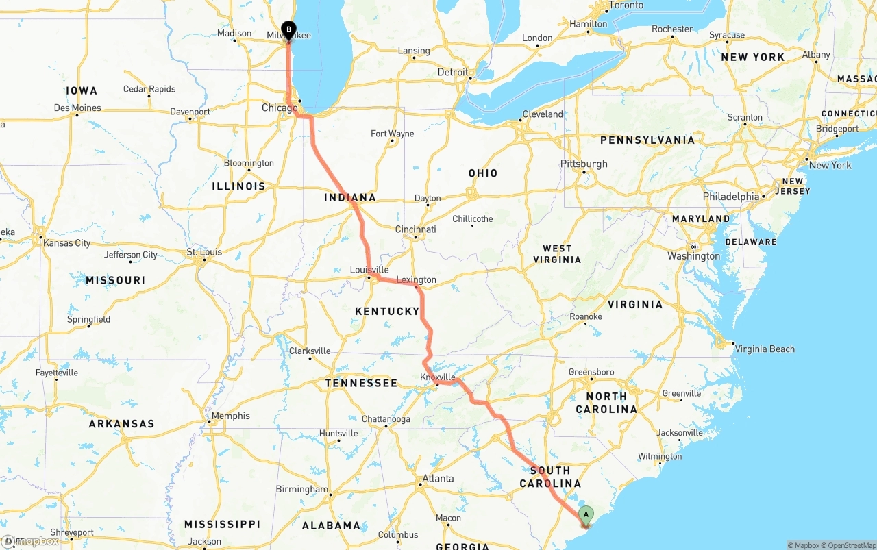 Shipping route from Port of Charleston to Milwaukee