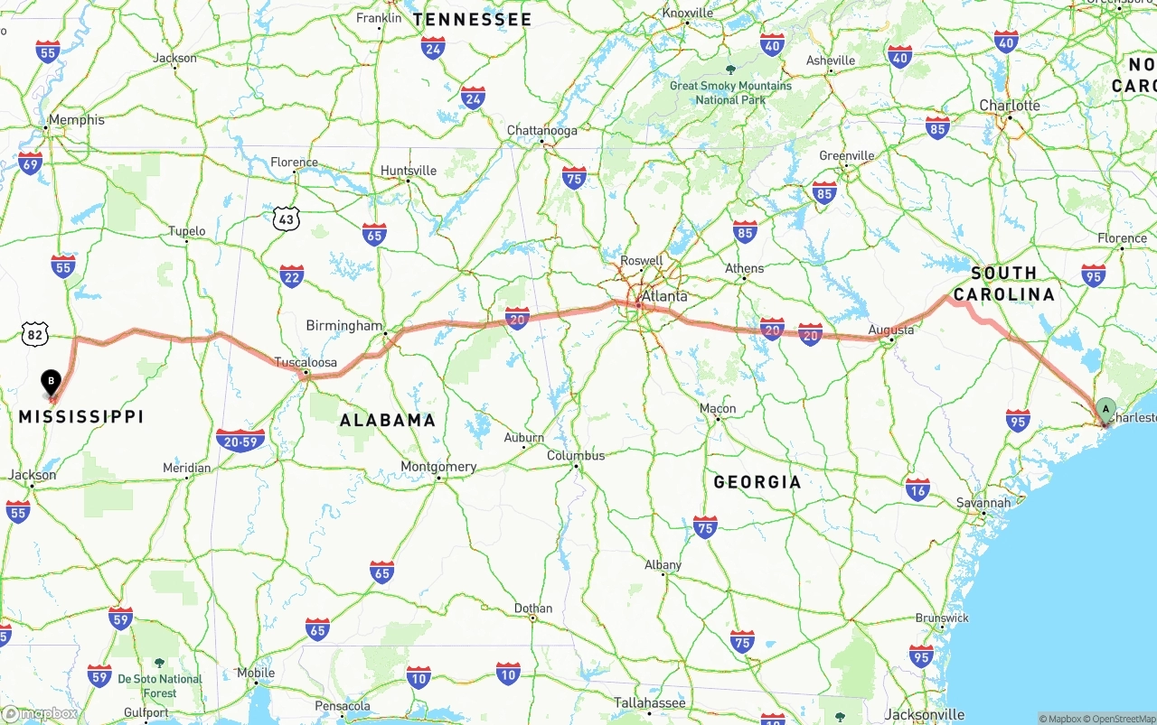 Shipping route from Port of Charleston to Mississippi