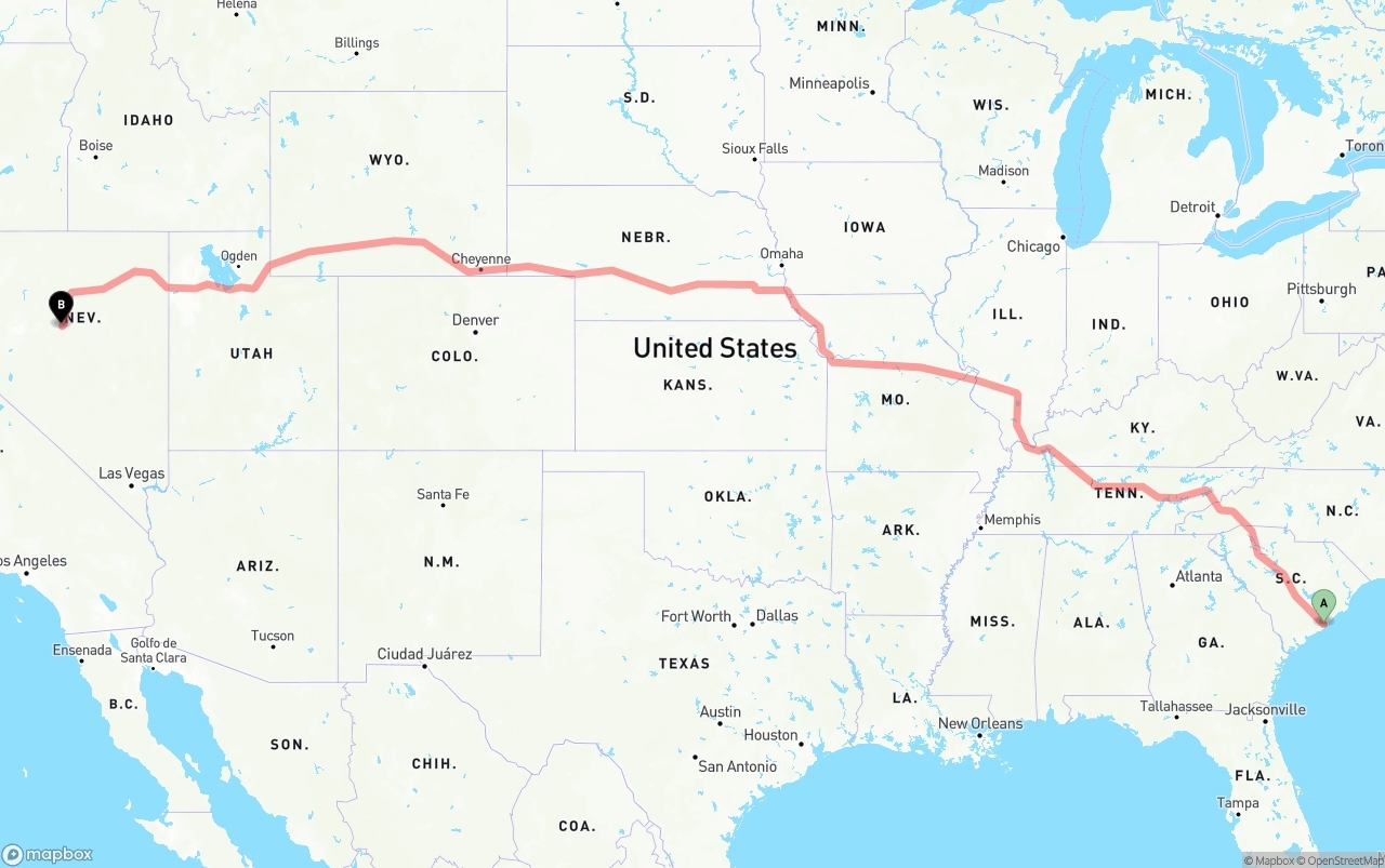 Shipping route from Port of Charleston to Nevada