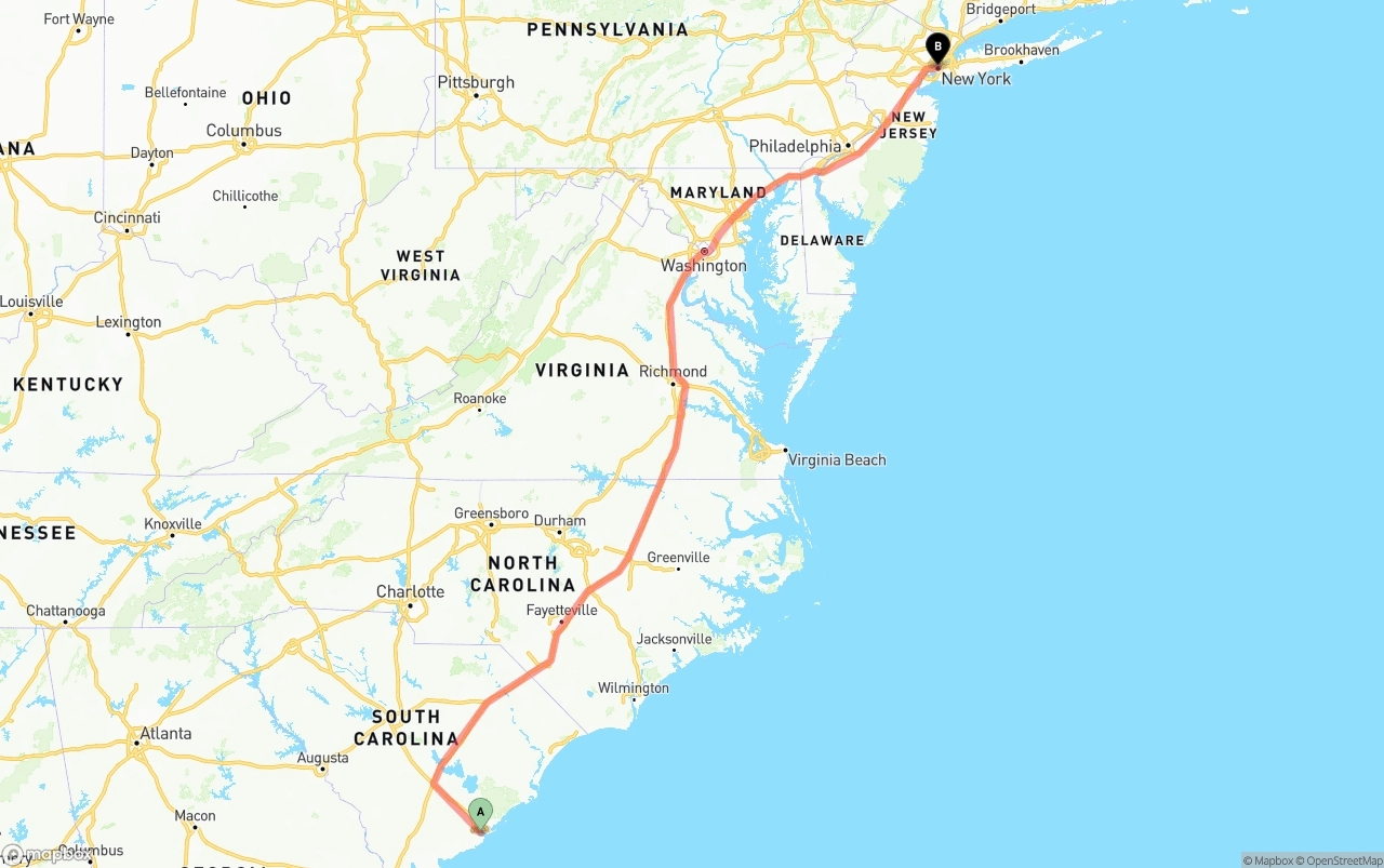 Shipping route from Port of Charleston to New York City