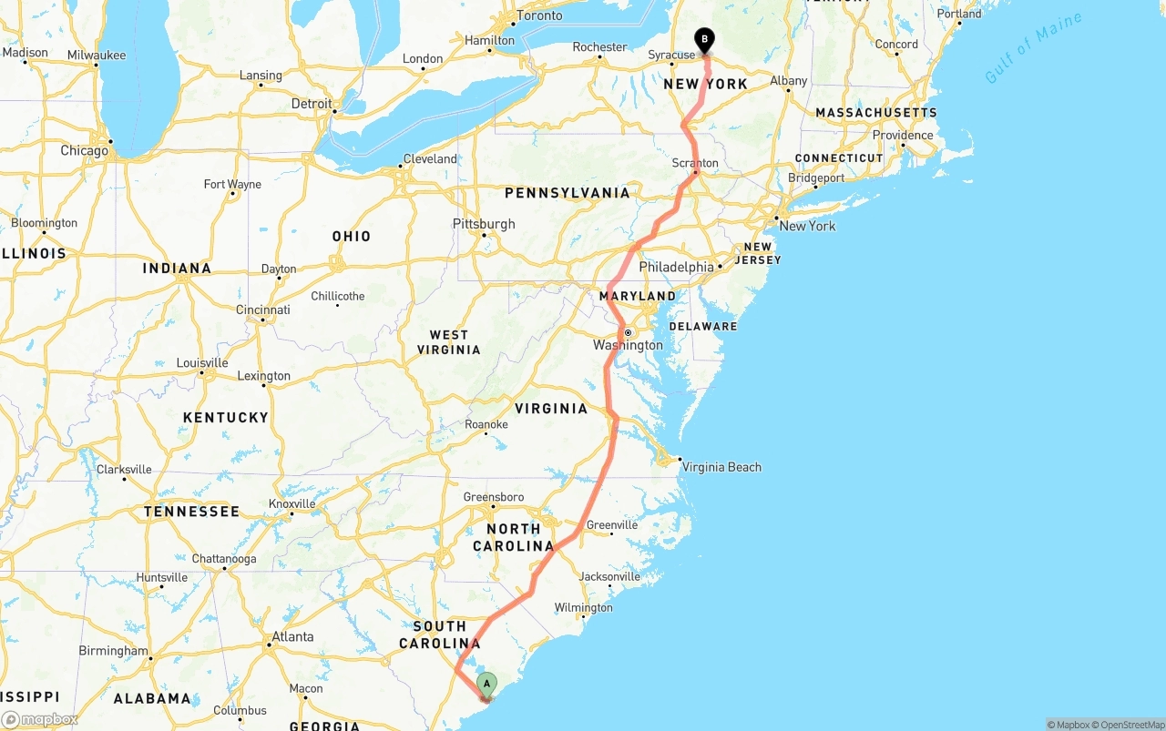 Shipping route from Port of Charleston to New York