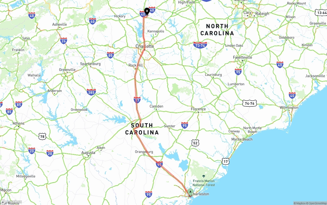 Shipping route from Port of Charleston to North Carolina