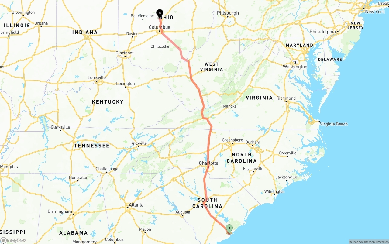 Shipping route from Port of Charleston to Ohio